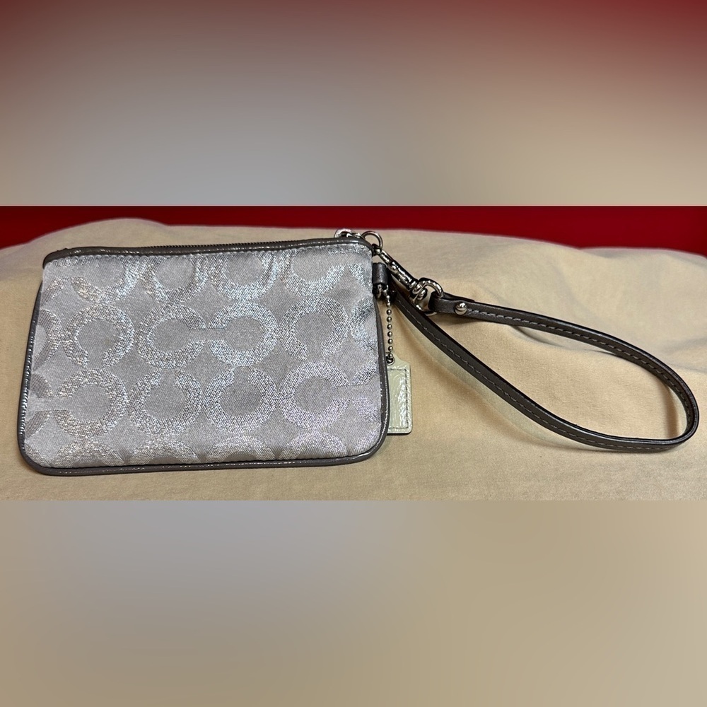 Coach Gray & Silver Metallic Wristlet Signature Canvas Logo Design 4”x6” - Picture 2 of 8